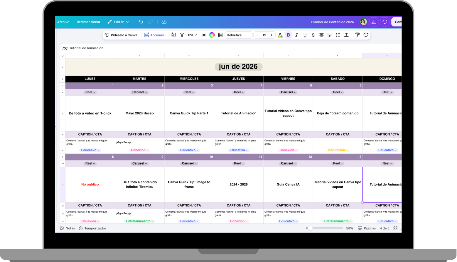 Vista del calendario del Planner de Contenido en una laptop